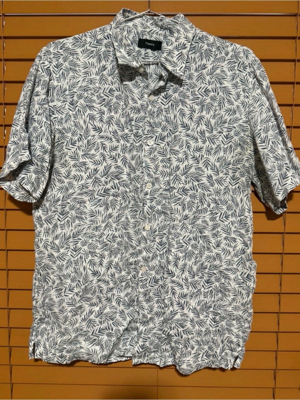Theory Men’s Medium Irving White Navy Palm Print Linen Short Sleeve Shirt